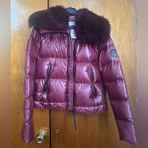 Coach Maroon Puffer Jacket with Faux Fur Trim